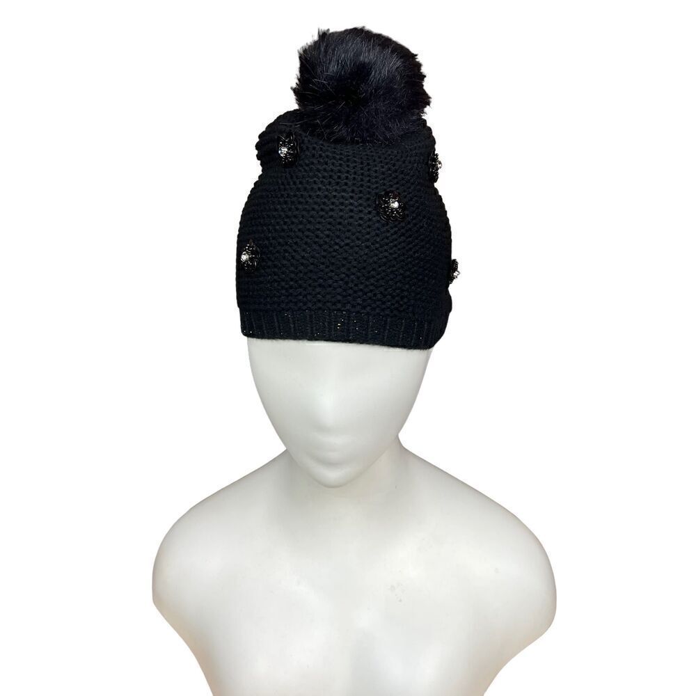 Neiman Marcus Hat Pom Pom Beanie Black Floral Embellished Bling Women One Size